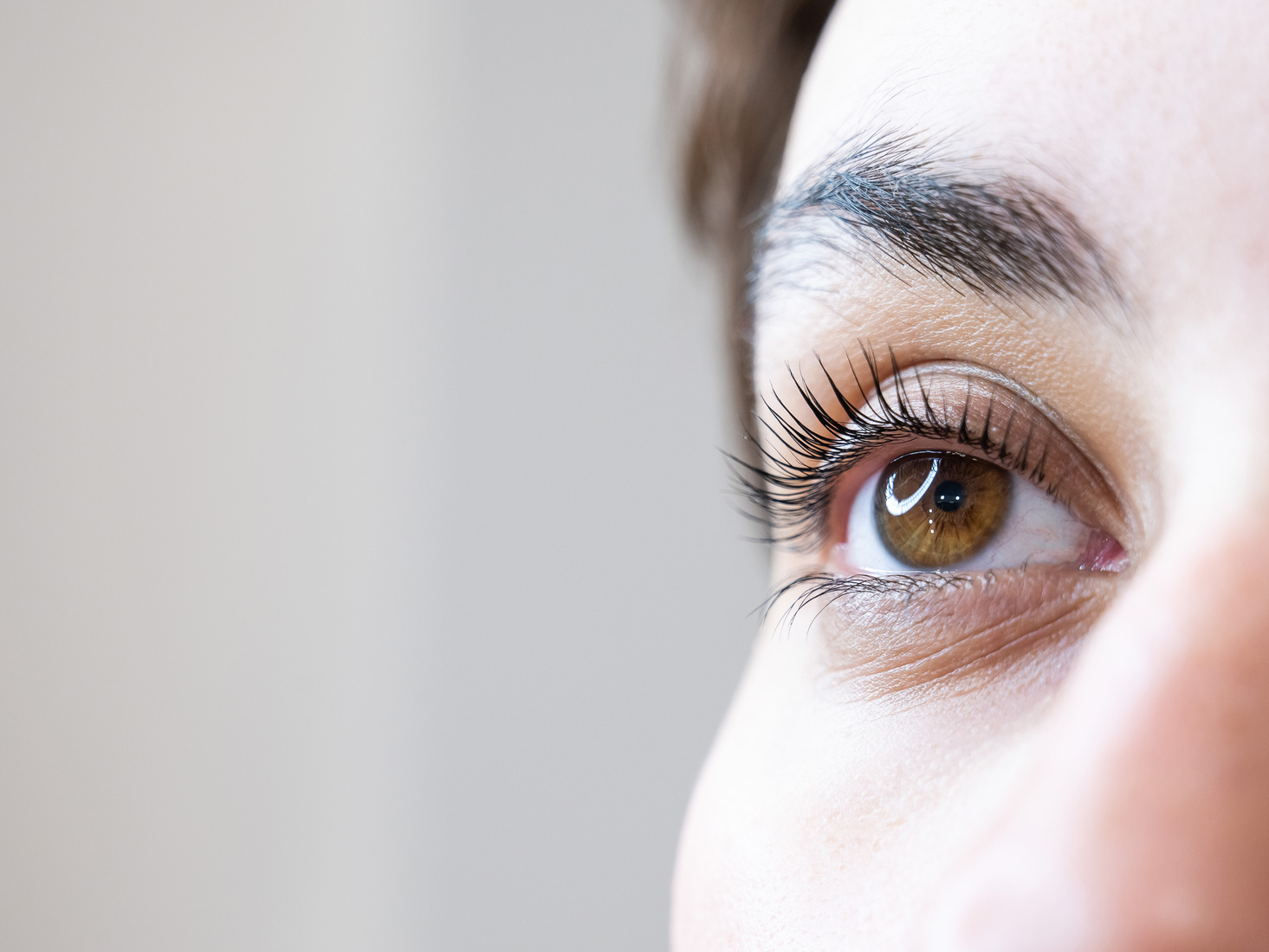 Close-up of a woman's eye after an eyelash lamination procedure.